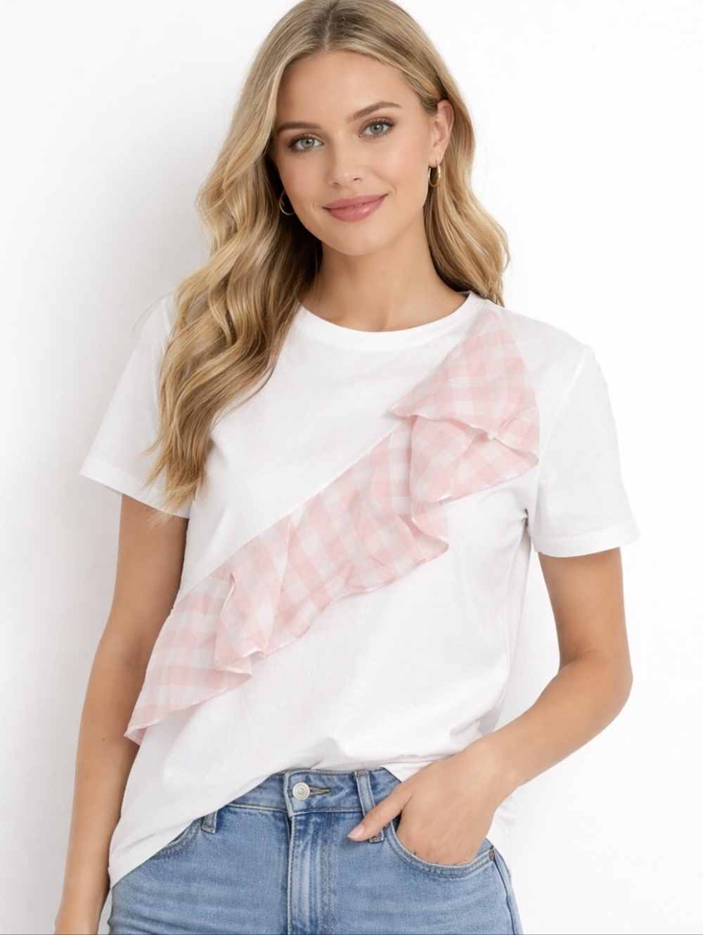 Marysia Gingham Ruffle Accent T Shirt White Xs Nwt